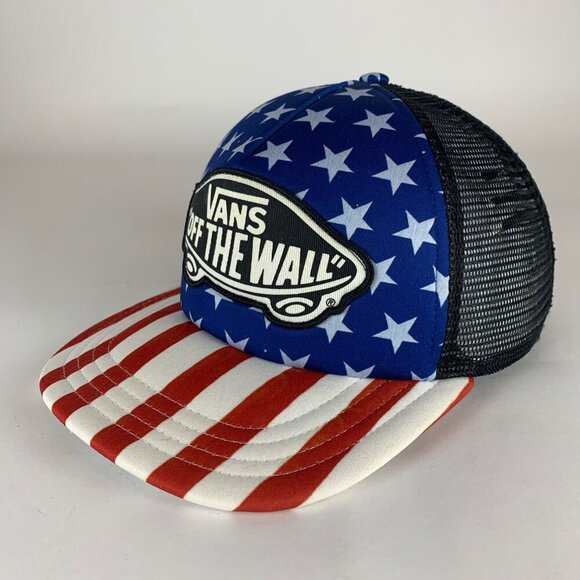 Vans Off The Wall Unisex Red White Blue Black Patriotic Snapback Trucker Hat - Picture 1 of 4